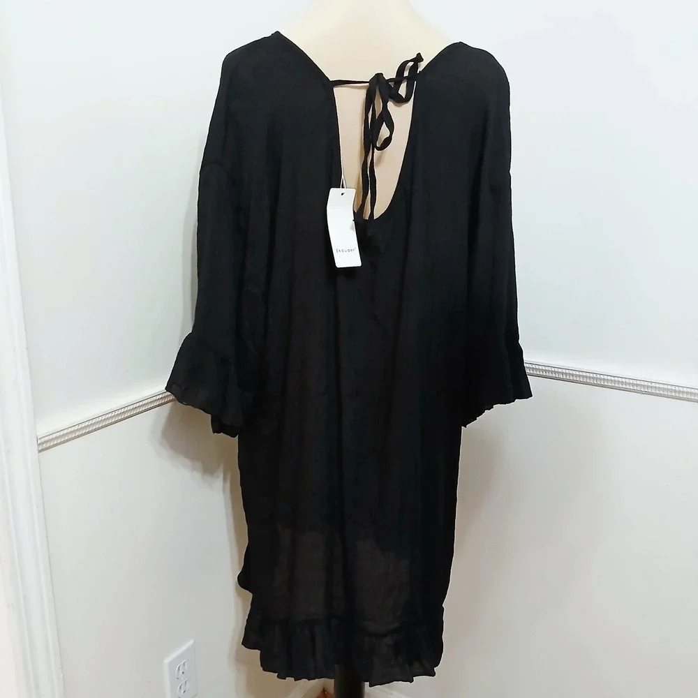 Ekouaer Black Ruffle Hem Swim Cover Up Dress Tie Back XXL New - Picture 5 of 8